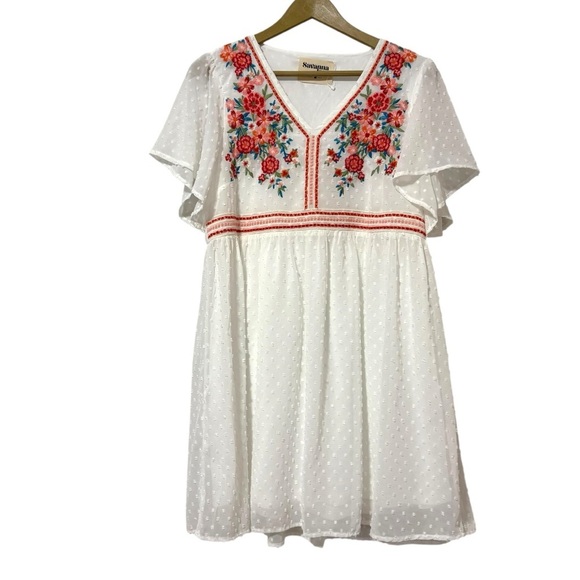 Savanna Jane White Multicolor Floral Embroidered Dress Sz Medium Swiss Dot Boho - Picture 1 of 5